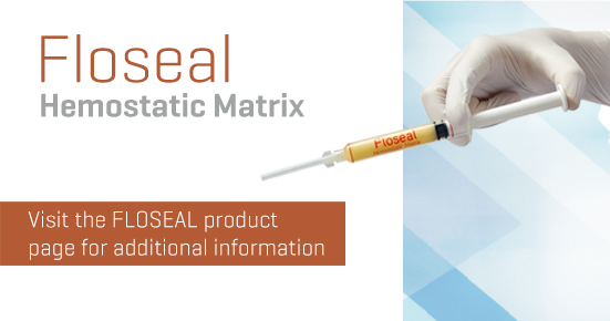Image of FLOSEAL in applicator in a gloved hand along with the FLOSEAL logo next to it